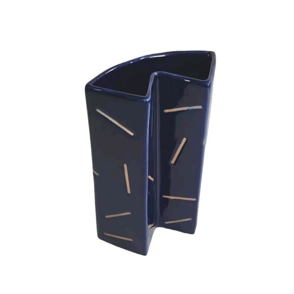 Vintage Stoneware Geometric Vase Retro MCM Rare HTF Cobalt Blue Glazed 6 5/8" - Picture 11 of 14